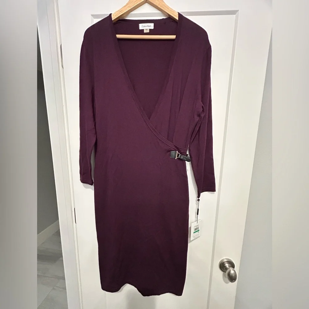 Calvin Klein women’s dress cranberry color size L with stretch midi length NWT - Picture 1 of 7
